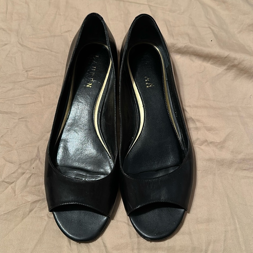 Lauren Ralph Lauren Black Leather Peep-Toe Flats